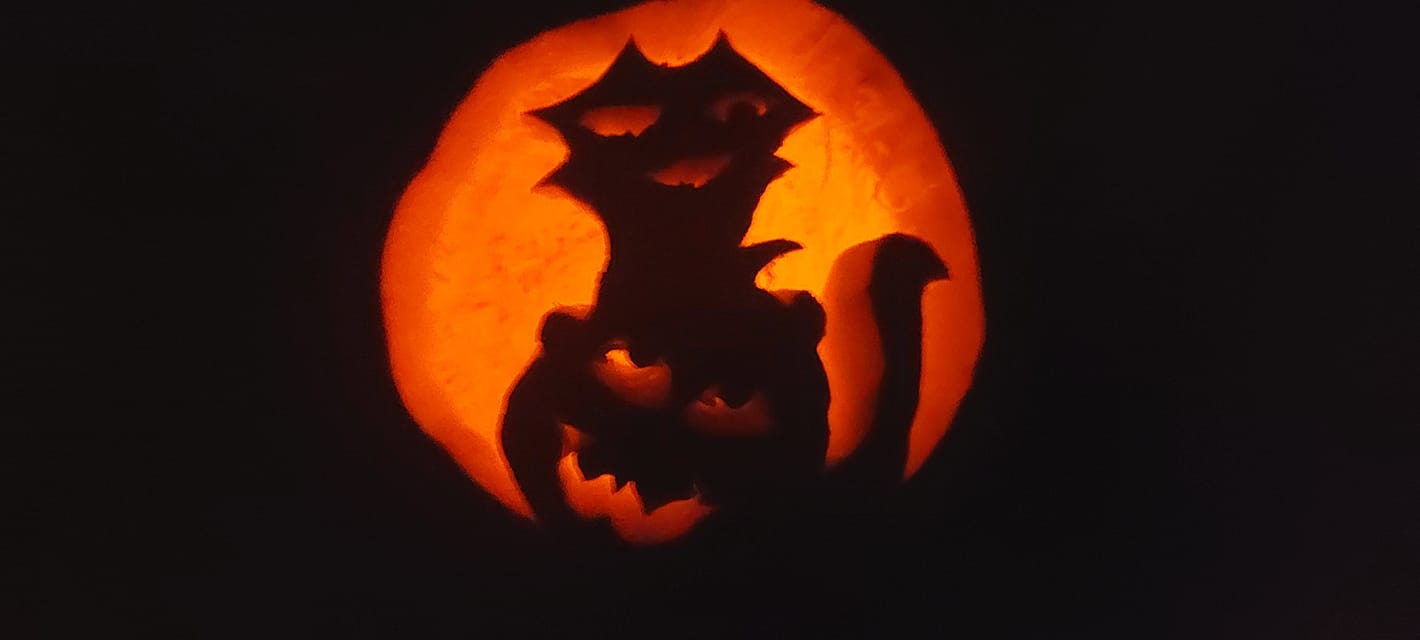 A lit jack-o-lanturn with a poorly carved cat on it sits in the dark